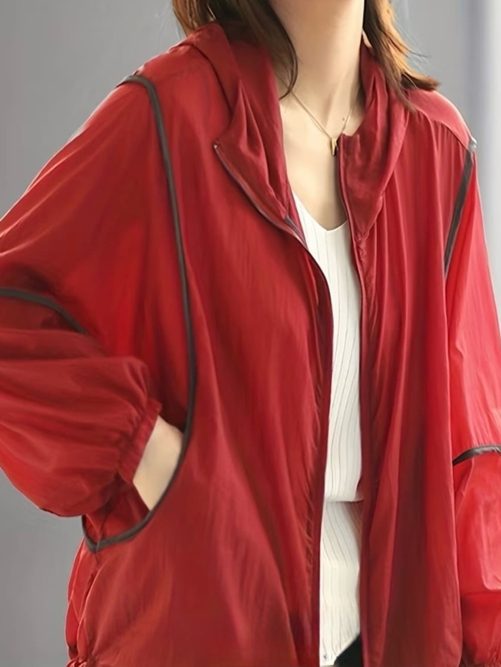 Red Lightweight Hooded Jacket - Women